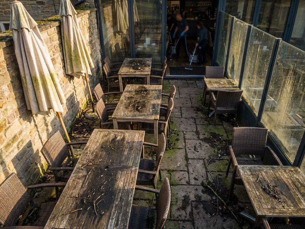 Verweerd restaurantterras met vuile meubels en parasols voor voorjaarsschoonmaak, ochtendlicht toont renovatiepotentieel