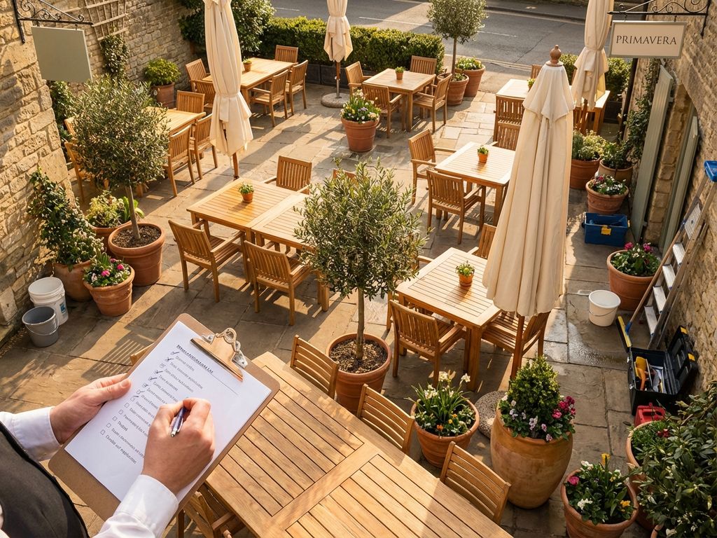 Restaurant terras wordt voorbereid voor lenteopening met houten tafels, parasols en medewerker met checklist