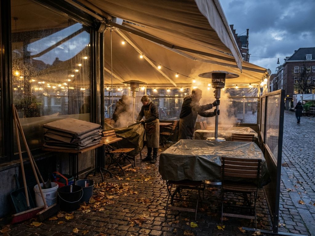 Restaurant terras wordt winterklaar gemaakt met beschermhoezen, verwarmers en windschermen bij schemering