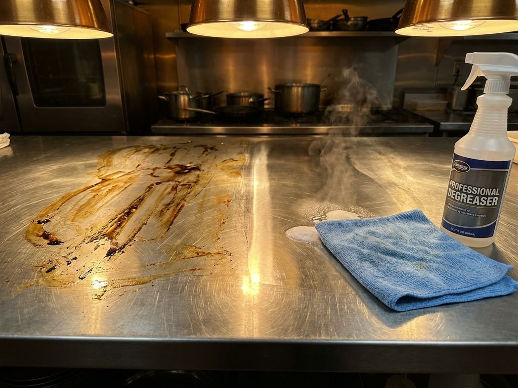 RVS keukenblad met vetvlekken wordt gereinigd met professionele ontvetter en doek, toont voor-en-na resultaat