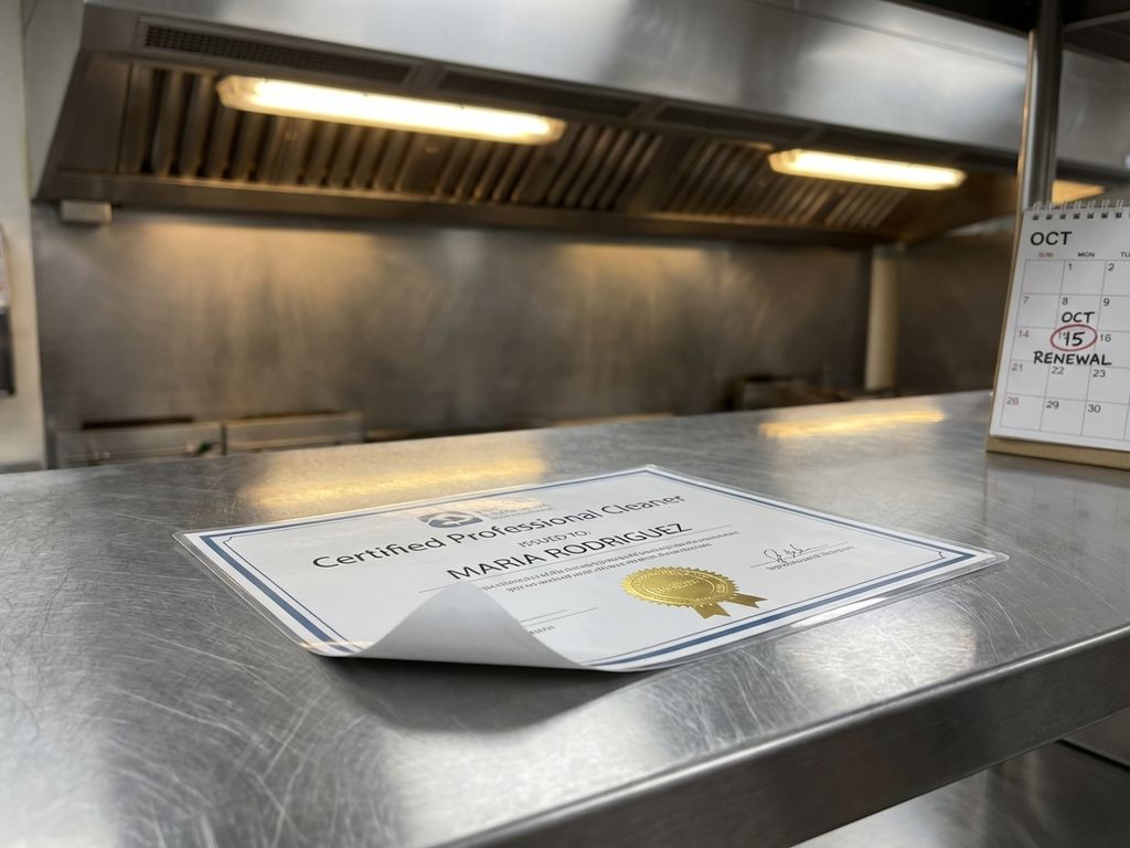 Professioneel schoonmaakcertificaat op roestvrijstalen aanrecht in commerciële keuken met afzuigkap op achtergrond