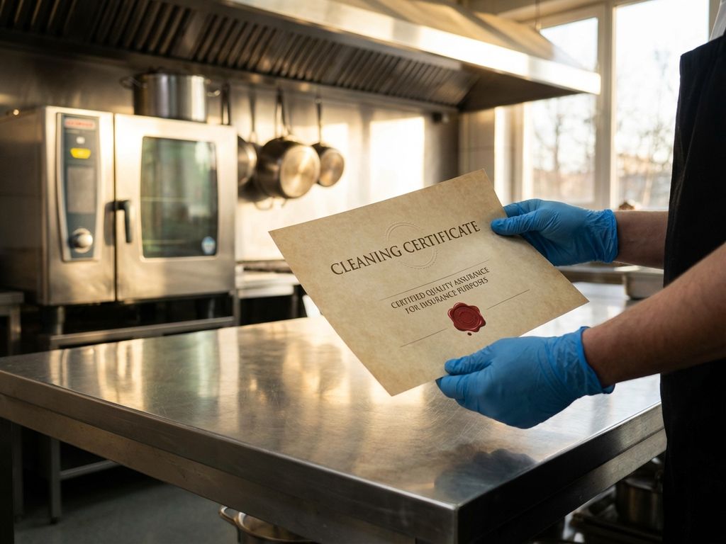 Professionele handen in blauwe handschoenen tonen schoonmaakcertificaat met rode zegel in commerciële keuken