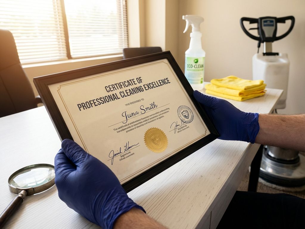 Professionele handen houden officieel schoonmaakcertificaat vast op bureau met schoonmaakmiddelen op achtergrond