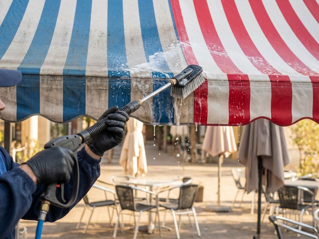 Professionele schoonmaker reinigt gestreepte restaurantluifel met dramatisch voor-en-na contrast zichtbaar
