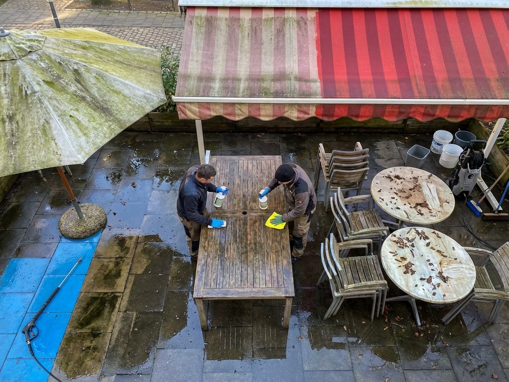 Persoon reinigt restaurantterras in voorjaar met professionele schoonmaakmiddelen, parasols tonen voor-en-na resultaat