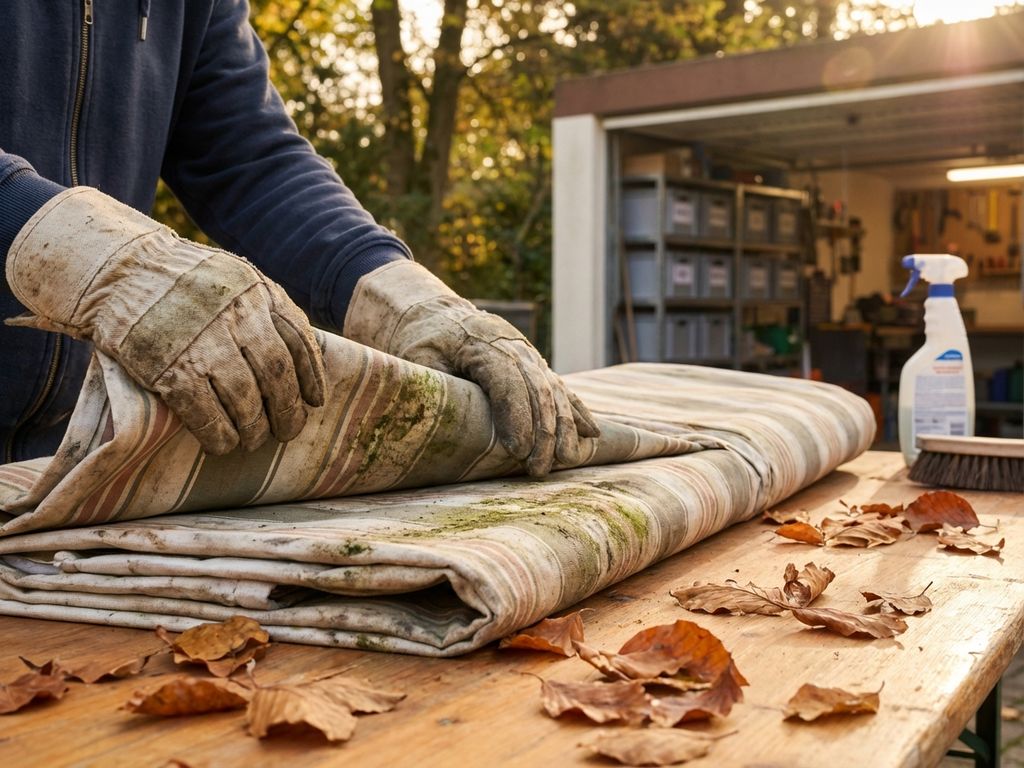 Handen in werkhandschoenen vouwen verweerde terrasoverkapping op voor winteropslag, met schoonmaakspullen en berging
