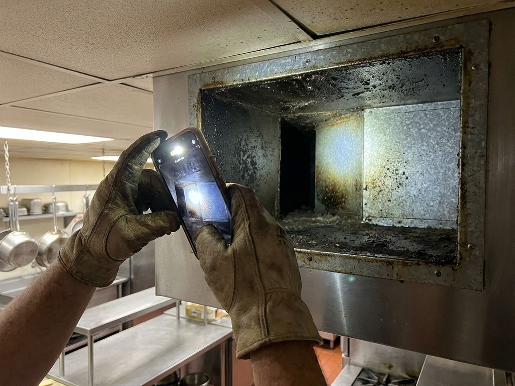 Person met smartphone-zaklamp inspecteert vettige ventilatieschacht in commerciële keuken, werkhandschoenen zichtbaar