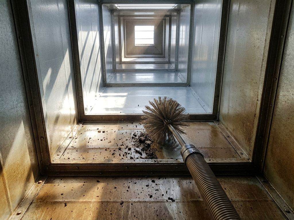 Professionele reiniging van meerverdiepings ventilatiekanaal met borstels en zuigslangen, van binnenuit gefotografeerd