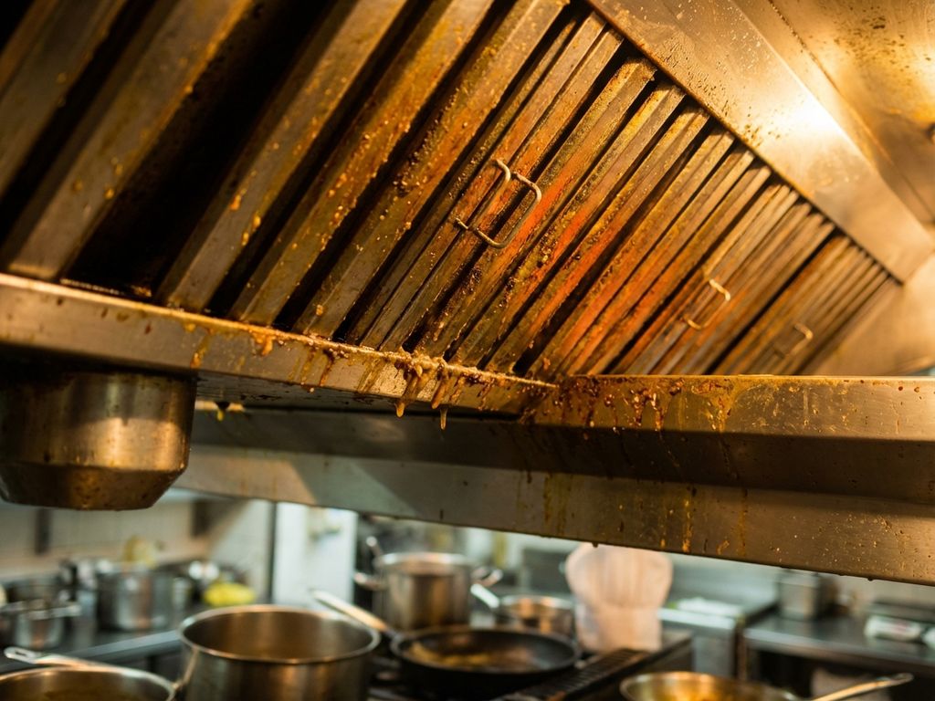 Professionele roestvrijstalen afzuigkap met vetophoping en vervuilde filters in commerciële restaurantkeuken