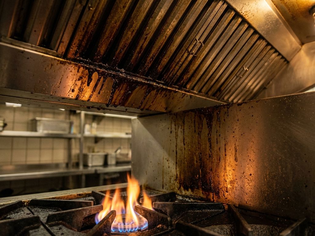 Vervuilde afzuigkap met vetophoping boven gasvlam in restaurantkeuken toont brandgevaar door slecht onderhoud