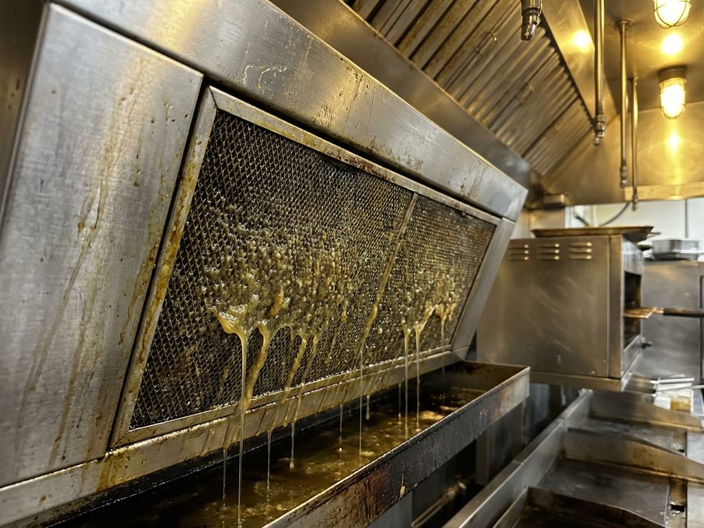 Zwaar vervuilde afzuigkap filter met gele vetophoping in professionele restaurantkeuken