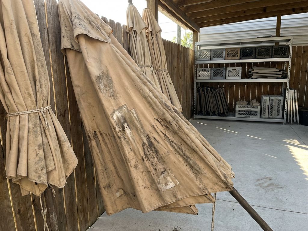 Vuile beige horeca parasols met vlekken en verwering opgeslagen in schone buitenopslagruimte van restaurant