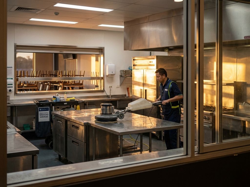 Professionele schoonmaker reinigt commerciële restaurantkeuken tijdens weekendavond met gouden licht door ramen
