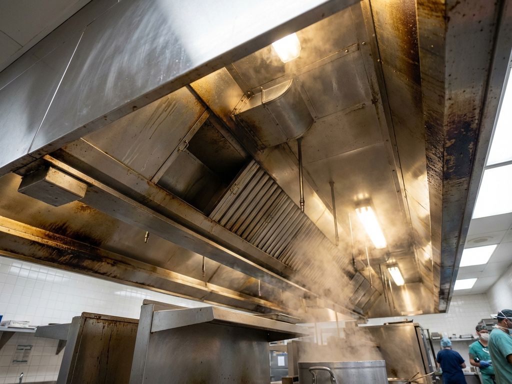 Professionele afzuigkap in ziekenhuiskeuken met roestvrijstalen oppervlakken, vetfilters en stoom van kookoppervlakken