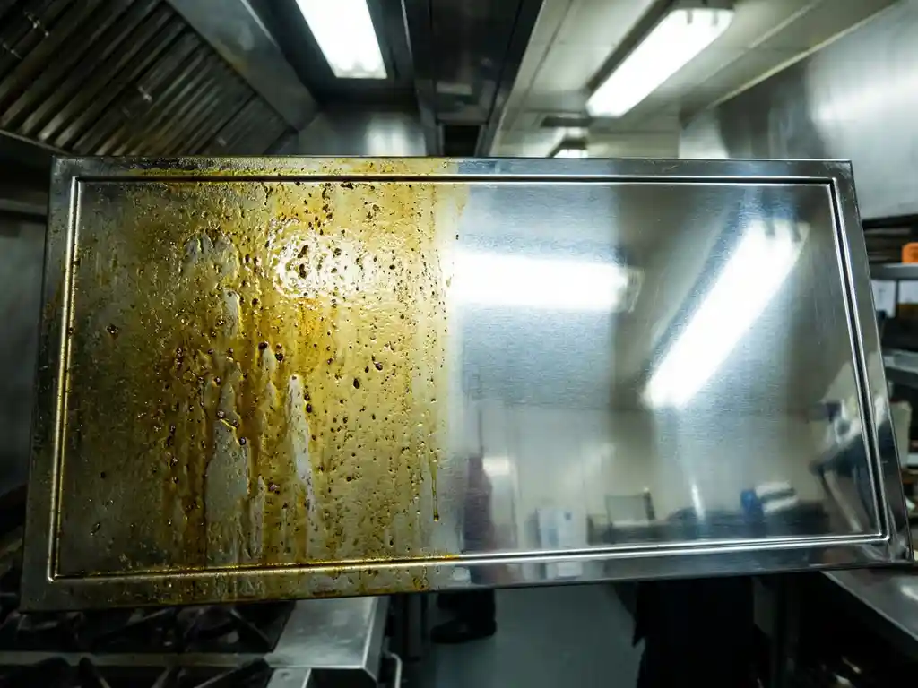 Afzuigkapfilter in commerciële keuken: links vettig en vergeeld, rechts glanzend schoon roestvrij staal.