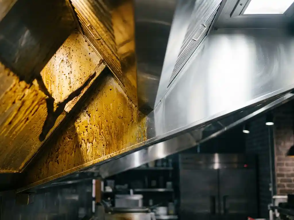 Afzuigkap in professionele keuken, links bedekt met dikke vetaanslag, rechts glanzend schoon roestvrij staal na reiniging.