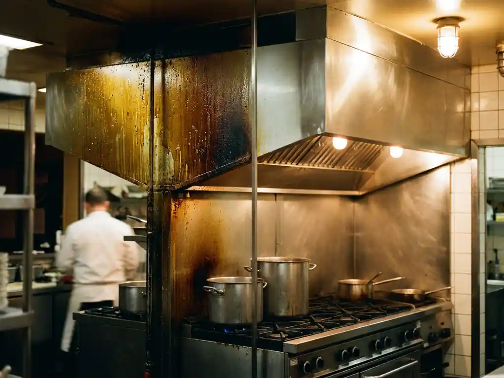 Commerciële roestvrijstalen afzuigkap boven restaurantfornuis, half bedekt met vetaanslag, half brandschoon, verlicht door warm amberkleurig keukenlicht.