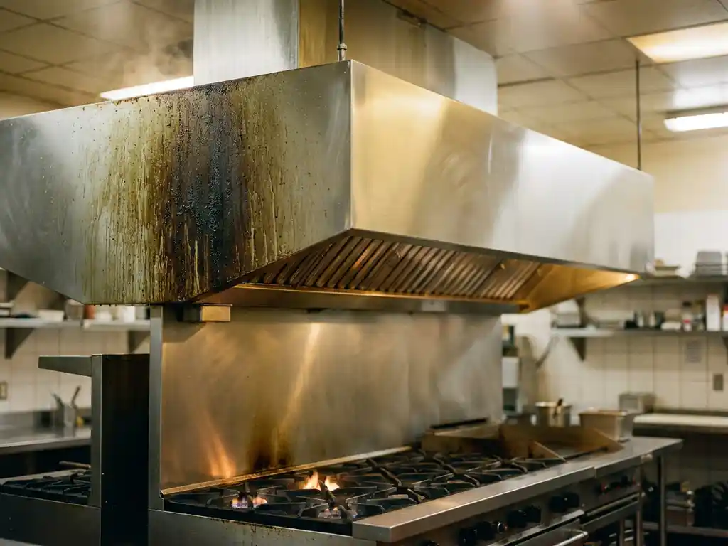 Roestvrijstalen afzuigkap boven gasfornuis, half bedekt met vetaanslag en half glanzend schoon, in professionele keuken.