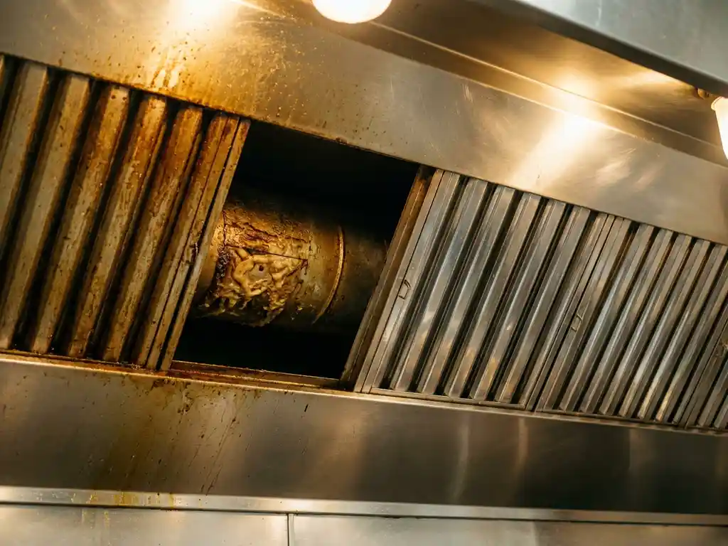 Commerciële afzuigkap met vettige filters naast glanzend roestvrijstalen filters, dikke amberkleurige vetaanslag zichtbaar in de kanalen.
