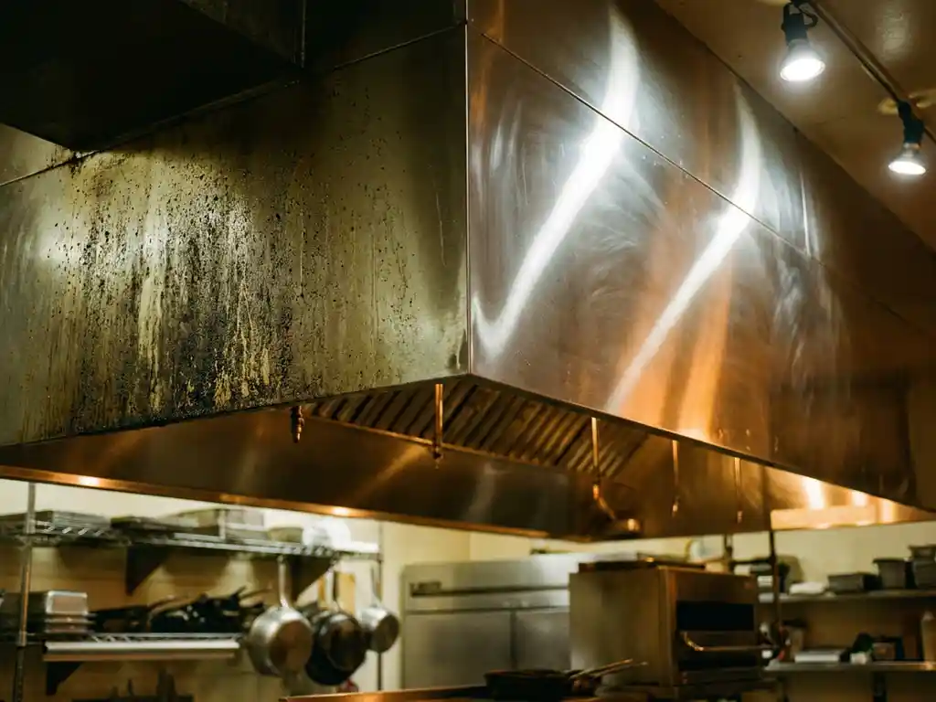 Commerciële roestvrijstalen afzuigkap in restaurantkeuken, half bedekt met vetaanslag, half glanzend schoon na reiniging.