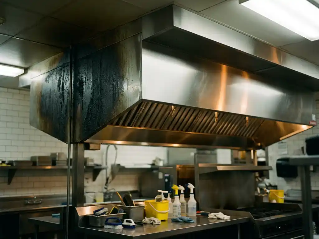 Afzuigkap in commerciële keuken half bedekt met vetaanslag, half glanzend schoon roestvrij staal na professionele reiniging.