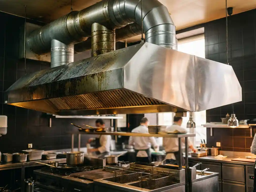 Afzuigkap in commerciële keuken, half bedekt met dikke vetaanslag en half glanzend schoon roestvrij staal na professionele ontvetting.