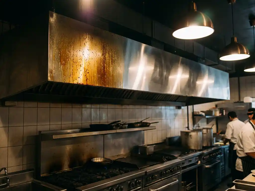 Roestvrijstalen afzuigkap in commerciële keuken, half bedekt met vetaanslag, half glanzend schoon na professionele reiniging.