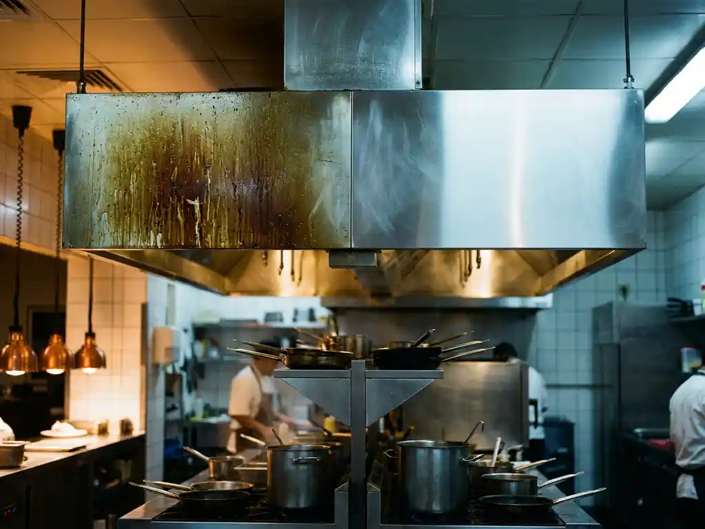 Roestvrijstalen afzuigkap in commerciële keuken, half bedekt met vetaanslag, andere helft professioneel gereinigd en glanzend schoon.