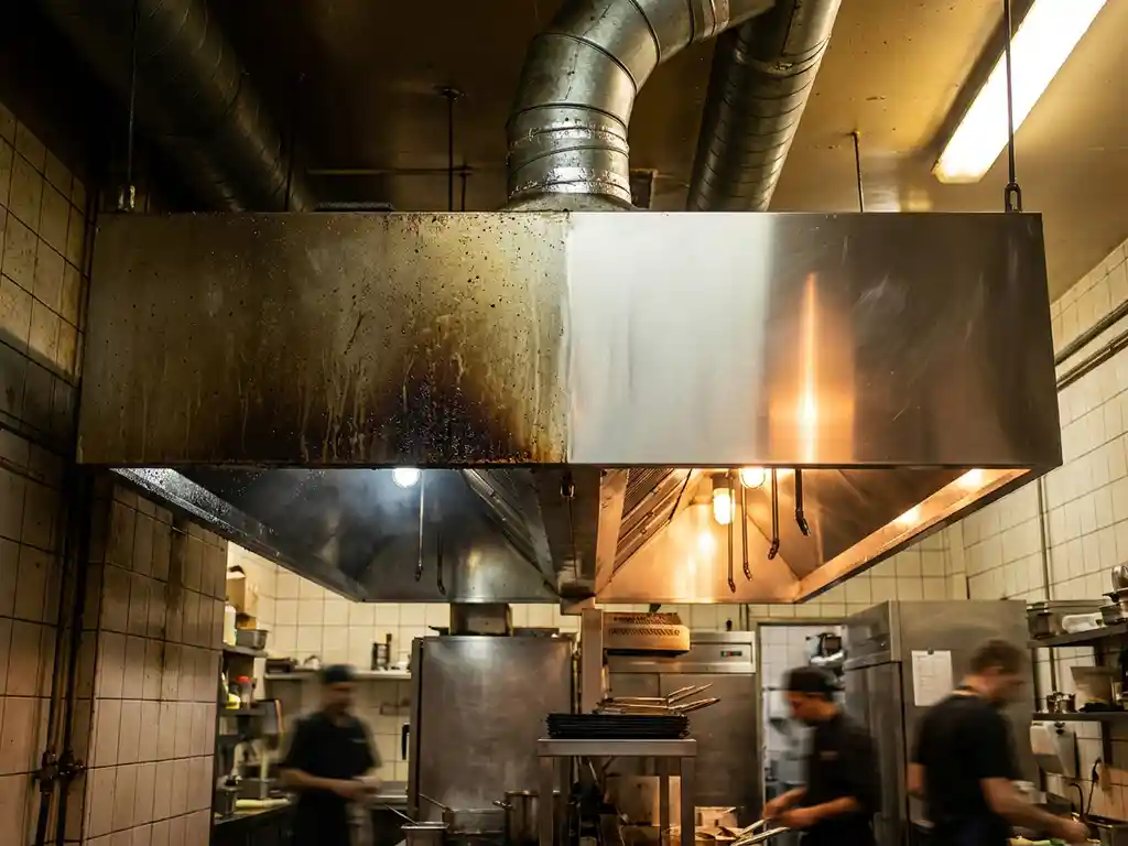 Restaurantkeuken afzuigkap half bedekt met vetaanslag, half glanzend schoon roestvrij staal, met zichtbare ventilatiekanalen.