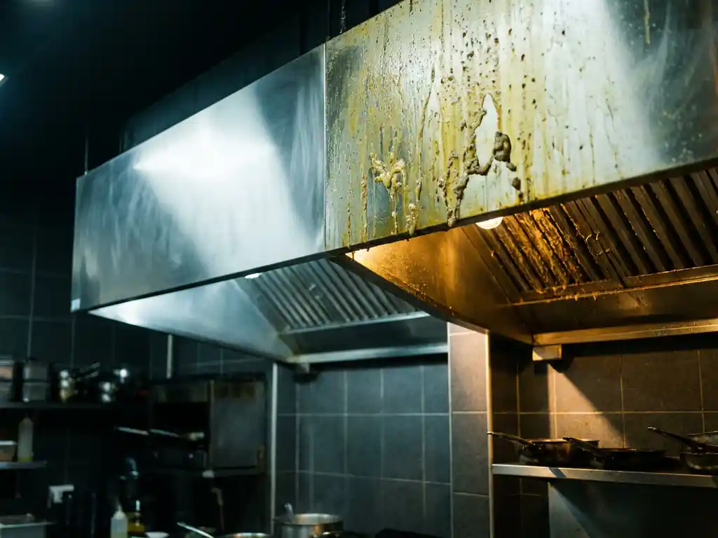 Commerciële afzuigkap half bedekt met dikke vetaanslag, half glanzend roestvrij staal in industriële keuken.
