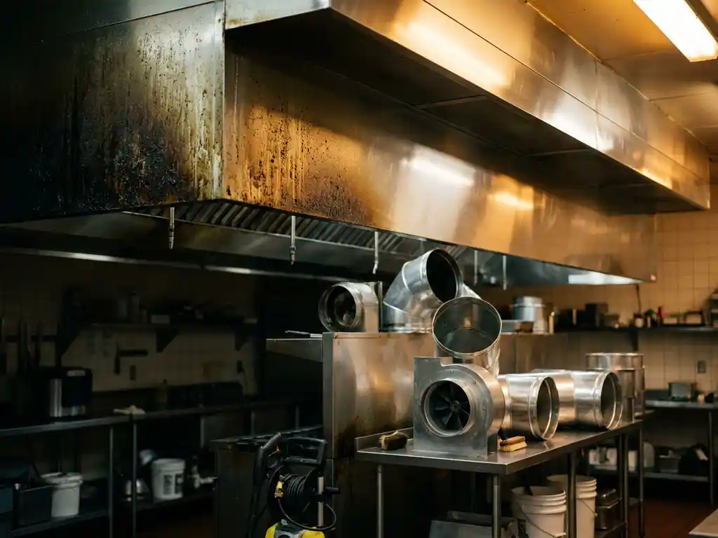 Roestvrijstalen afzuigkap in commerciële keuken, half vettig en half glanzend schoon, met gedemonteerde ventilatiecomponenten en reinigingsapparatuur.