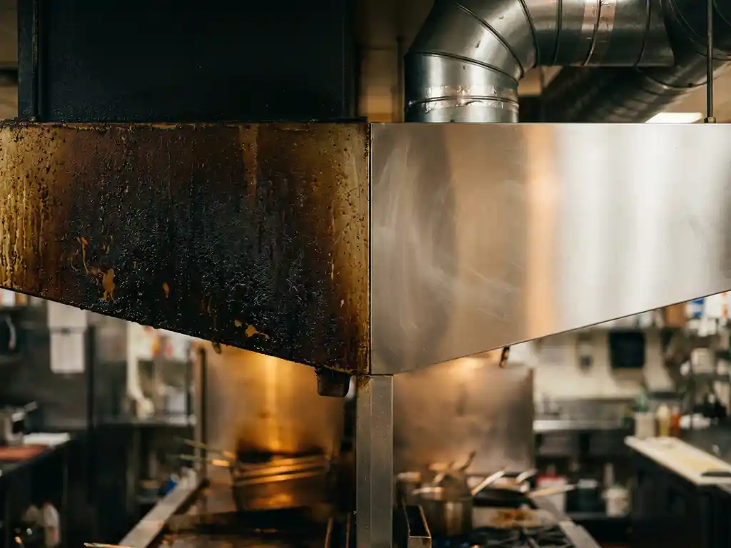 Commerciële afzuigkap half bedekt met donkere vetaanslag, half glanzend schoon roestvrij staal, industriële ventilatiekanalen zichtbaar.