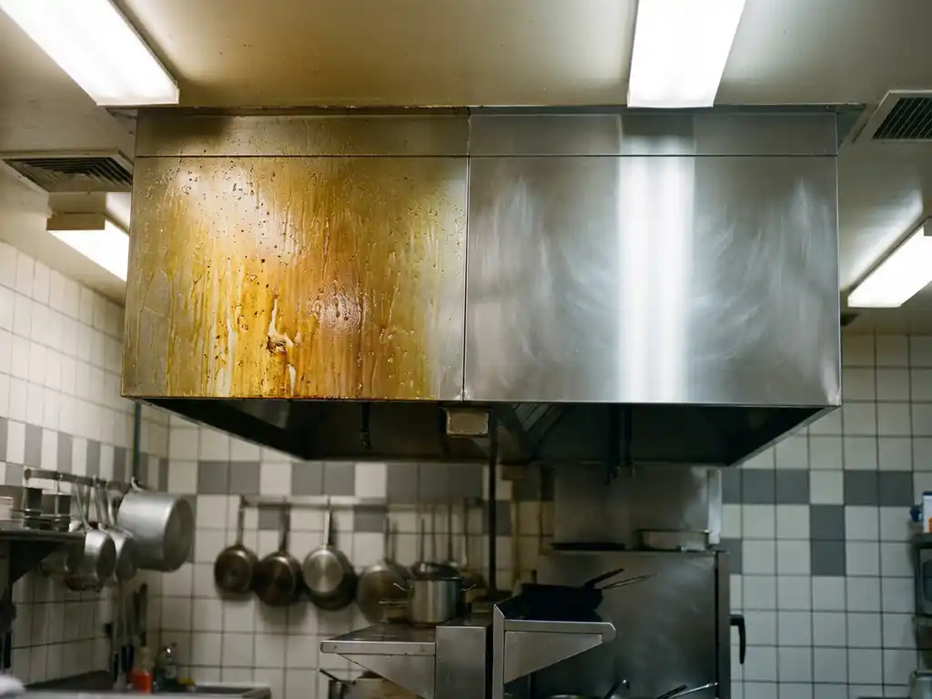 Roestvrijstalen afzuigkap in commerciële keuken, half bedekt met dikke vetaanslag, half glanzend schoon na professionele reiniging.