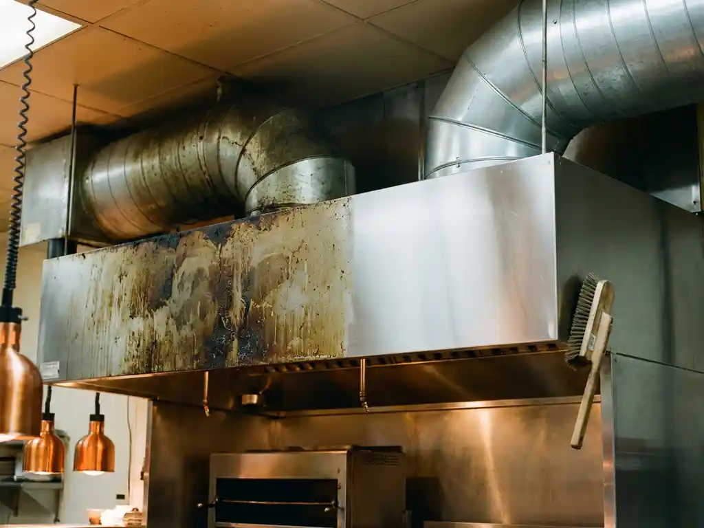 Afzuigkap in commerciële keuken met links dikke vetaanslag en rechts glanzend roestvrij staal na professionele reiniging.