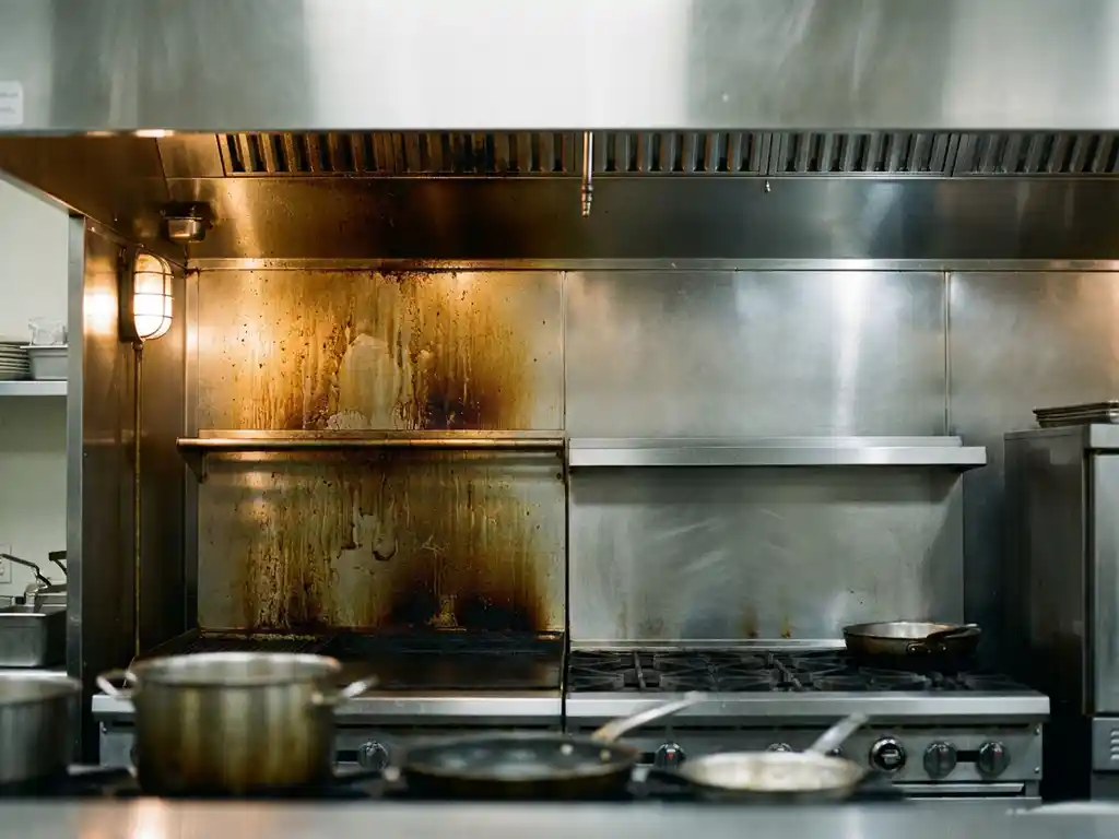 Restaurantafzuigkap half bedekt met dikke vetaanslag, half glanzend schoon roestvrij staal na professionele reiniging.