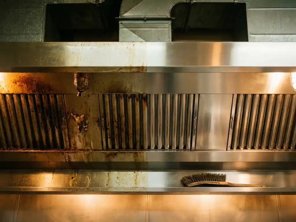 Afzuigkap in commerciële keuken half bedekt met vet, half professioneel gereinigd glanzend roestvrij staal, reinigingsborstel op rand.