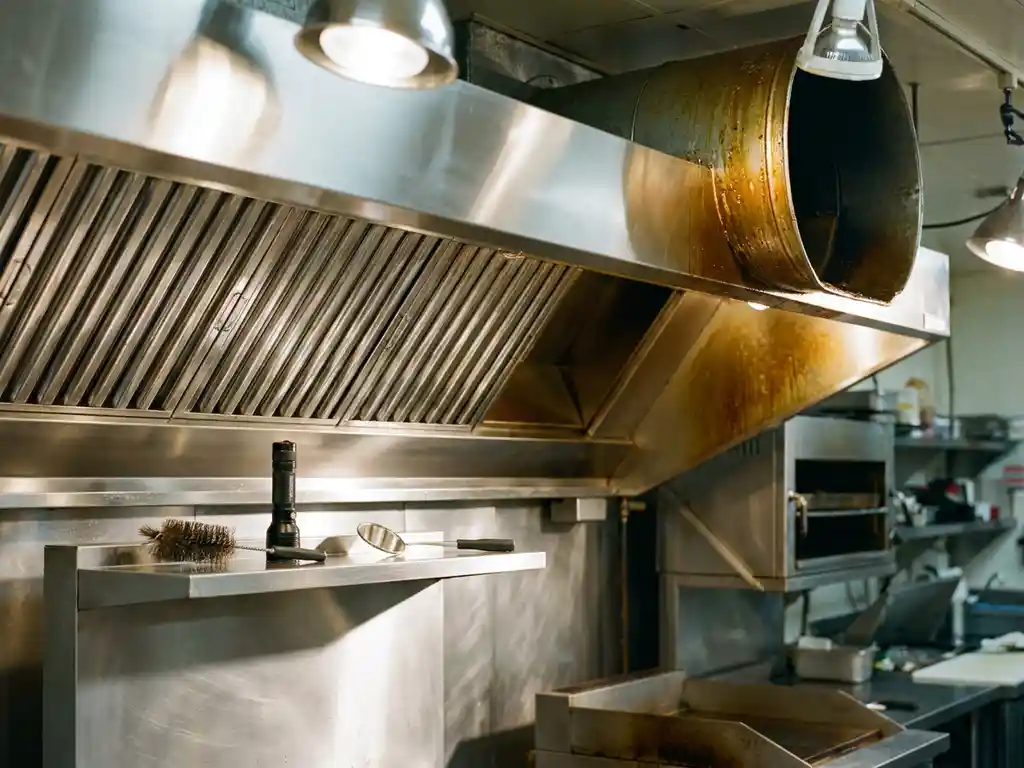 Afzuigkap in commerciële keuken half glanzend schoon, half bedekt met vetaanslag in afvoerkanaal, met reinigingsborstel op de rand.