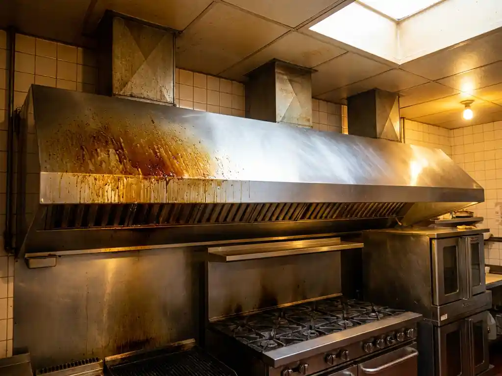 Roestvrijstalen afzuigkap boven professioneel fornuis, half bedekt met vetaanslag en half glanzend schoon, met afvoerkanaal naar het plafond.