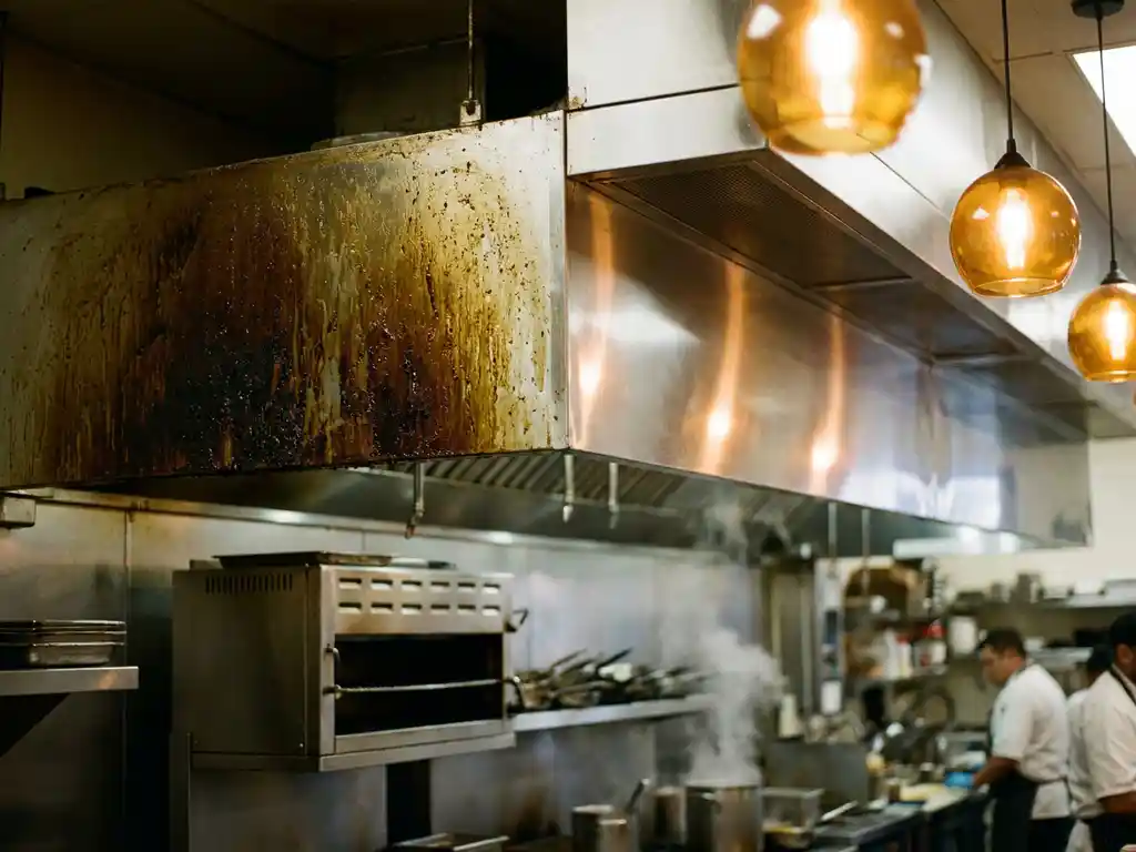 Roestvrijstalen afzuigkap in commerciële keuken, half bedekt met vetaanslag, half glanzend schoon na professionele reiniging.