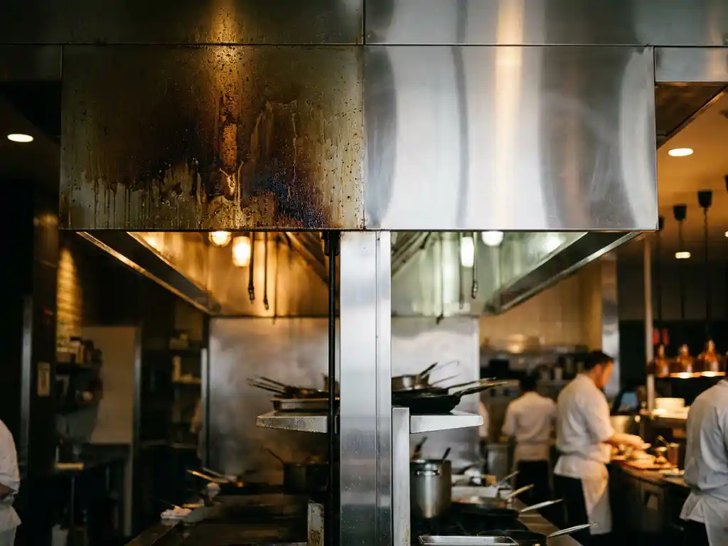 Afzuigkap in commerciële keuken, half bedekt met dikke vetaanslag, andere helft glanzend schoon roestvrij staal.