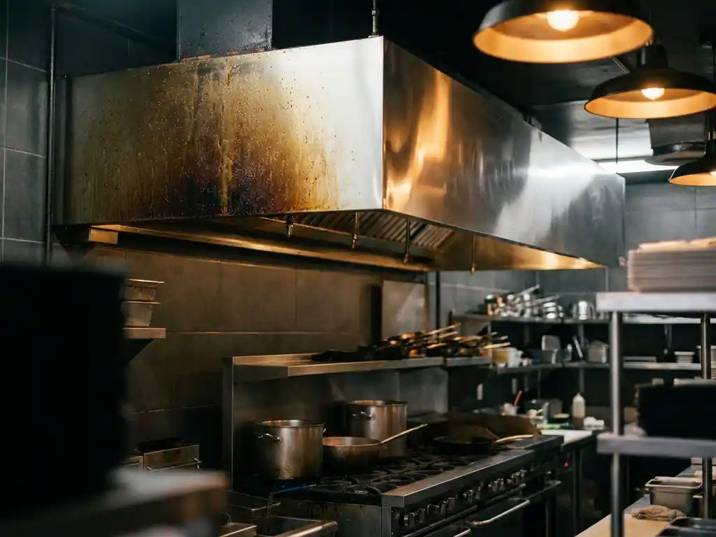 Roestvrijstalen afzuigkap boven gasfornuis, half bedekt met vetaanslag, half glanzend schoon, in professionele restaurantkeuken.