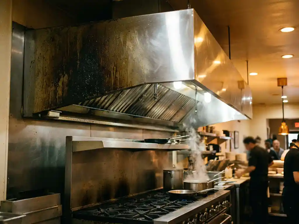 Roestvrijstalen afzuigkap boven restaurantfornuis, half bedekt met vetaanslag, half glanzend schoon na professionele reiniging.
