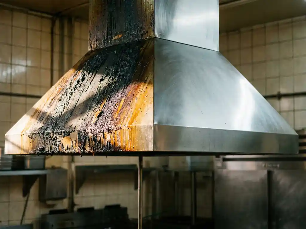 Afzuigkap in commerciële keuken met helft bedekt in vetaanslag en helft glanzend schoon roestvrij staal.