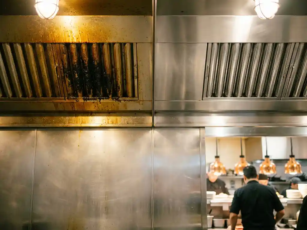 Roestvrijstalen afzuigkap in commerciële keuken: linkerhelft bedekt met vettige gele aanslag, rechterhelft glanzend schoon na reiniging.