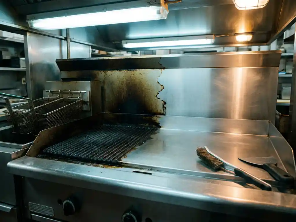Commerciële roestvrijstalen friteuse en bakplaat half bedekt met vet en koolstofaanslag, half glanzend schoon gepolijst metaal.