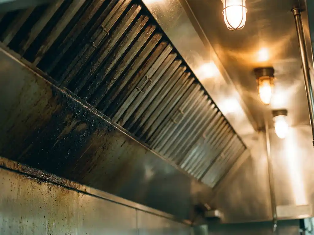 Restaurantkeuken afzuigkap half bedekt met donkere vetaanslag, andere helft glanzend schoon roestvrij staal, gefotografeerd van onderen.