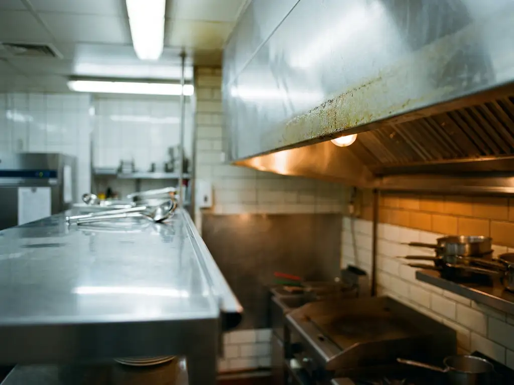 Glanzend ontvet roestvrijstalen werkblad naast een vettig, dof afzuigkap-randje in een professionele keuken.