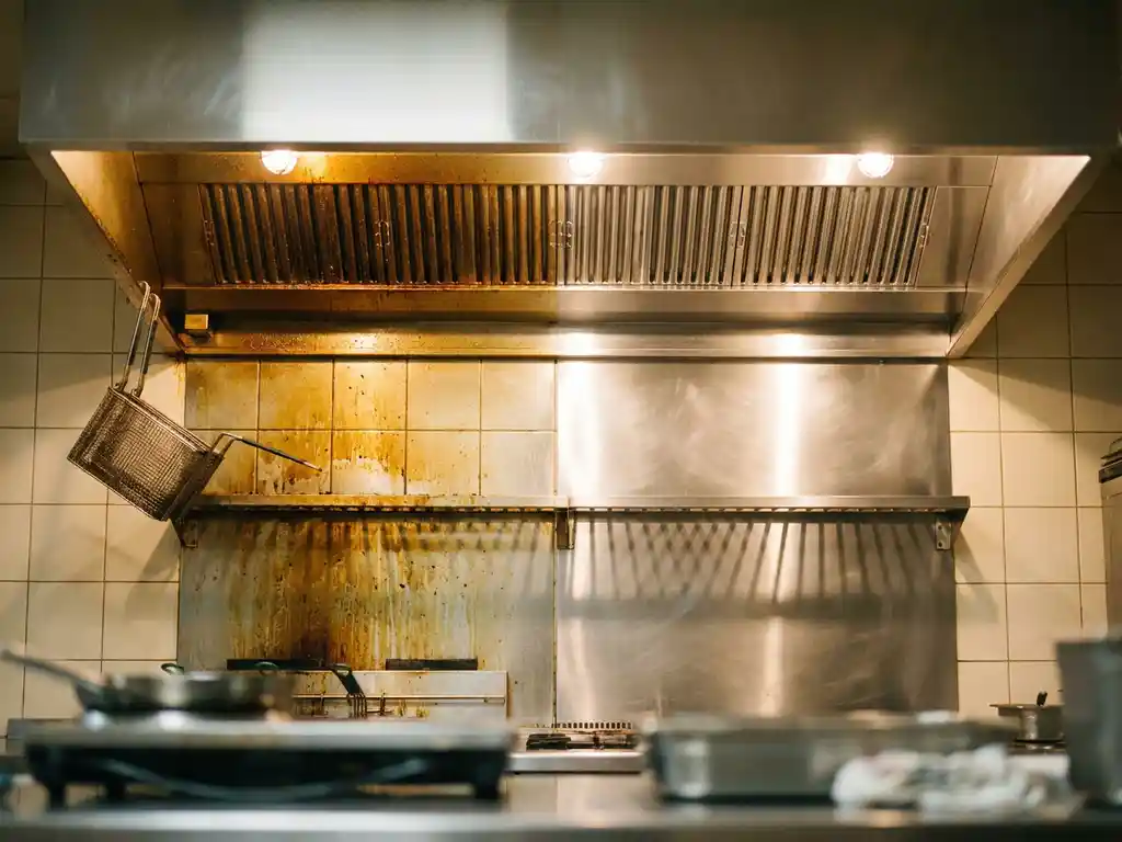 Commerciële roestvrijstalen afzuigkap half bedekt met dikke amberkleurige vetaanslag, half glanzend gepolijst, met vettige filters in industriële keuken.