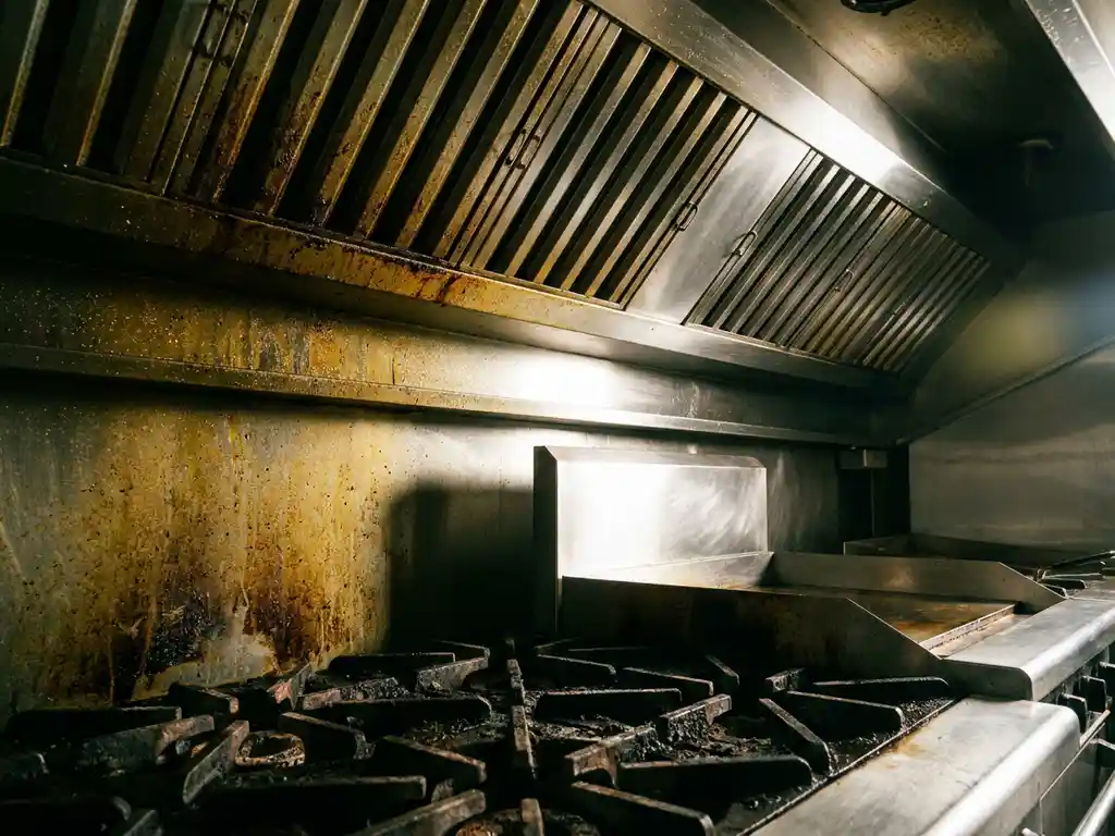 Vettige commerciële afzuigkap met gele vetaanslag op filters, één kant glanzend schoon roestvrij staal, vuile branders op voorgrond.