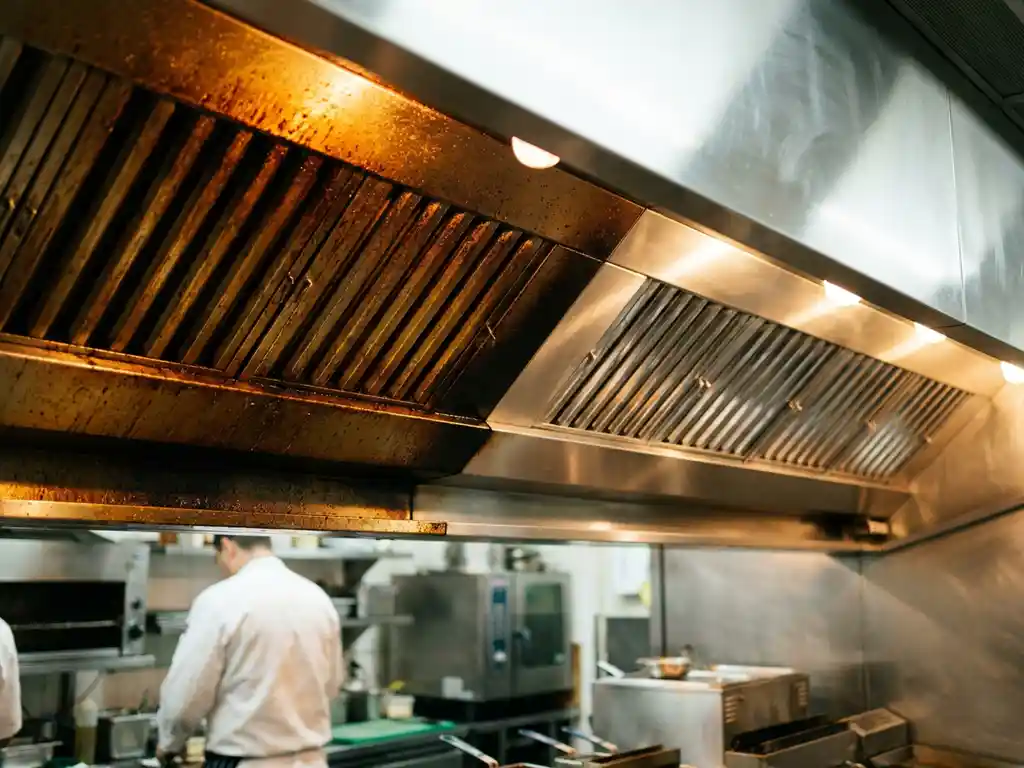 Afzuigkap in commerciële keuken met vetaanslag aan één kant en glanzend roestvrij staal aan de andere kant, ventilatiefilters zichtbaar.
